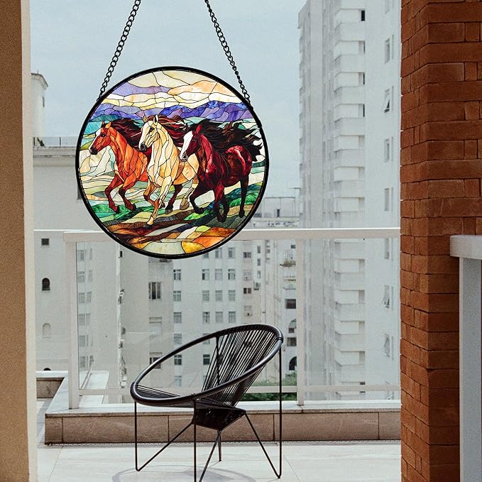 Stained Glass Window Hanging, Galloping Horses Sun Catcher for Door Home Decor Colorful Suncatcher Christmas Mother's Day Birthday Gifts for Women Men Mom and Nana 9.8 in