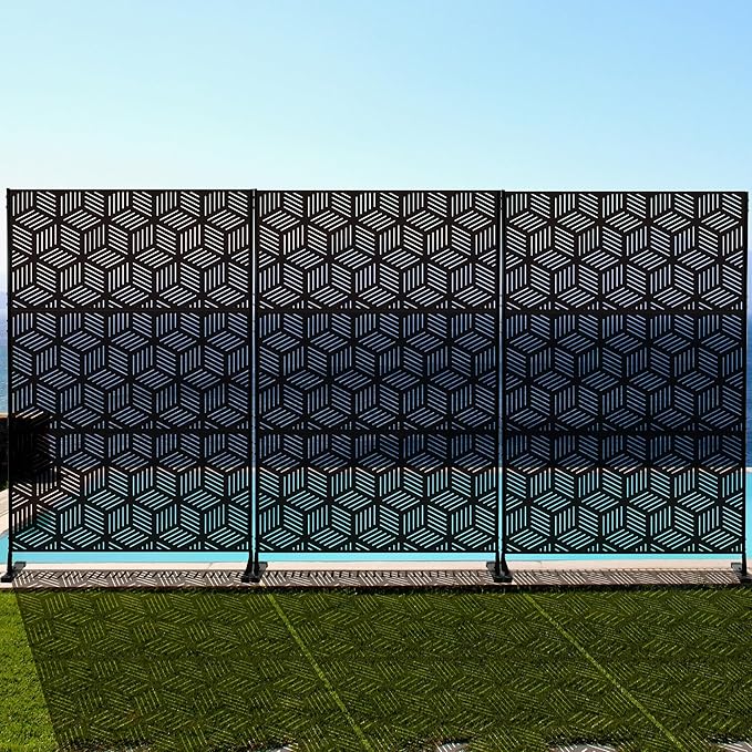 Kozyard Metal Privacy Screen 74" H x 47.2" W Decorative Outdoor Divider with Stand Panels Freestanding Screen Set for Deck Patio Balcony Garden Outdoor&Indoor(Black/Cube)