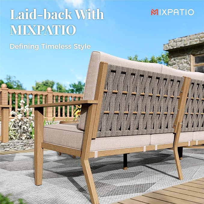 5-Piece Patio Outdoor Conversation Furniture Set with 2 Swivel Chairs, Steel Modern Outdoor Patio Conversation Sets with Waterproof Thick Cushions for Porch, Balcony, Backyard-Beige