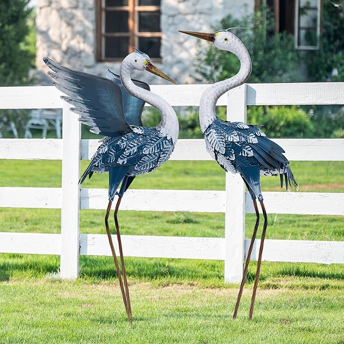 TERESA'S COLLECTIONS Yard Decorations Outdoor Garden Statues, Blue Metal Crane Yard Art, 25-26inch Lawn Ornaments for Backyard, Outside Porch, Patio, Wedding Decor,Set of 2,Spring Decor,Gifts for Mom