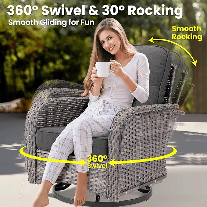 ovios 8 Pieces Patio Furniture Set, Outdoor Wicker Sofa Couch with Rocking Swivel Chairs Solar Lights Table, Modern Deep Seat Rattan Conversation Sets for Porch Deck, Black