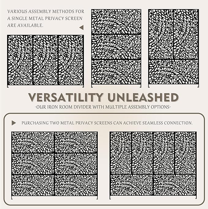 Kozyard Metal Privacy Screen 74" H x 47.2" W Decorative Outdoor Divider with Stand Panels Freestanding Screen Set for Deck Patio Balcony Garden Outdoor&Indoor(Black/Organic Fracture)