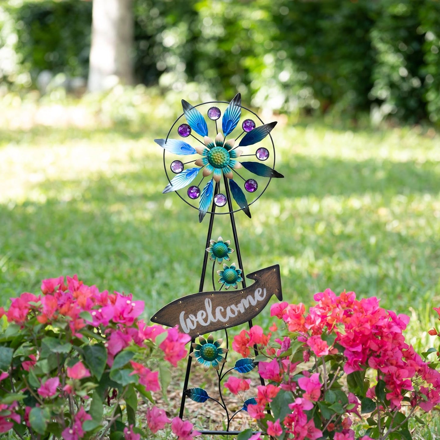 TERESA'S COLLECTIONS Peacock Garden Solar Stake, Wind Spinner Yard Art Sign for Outdoor Decor, Metal Purple Floral Windmill Decorative Garden Stake for Lawn Ornaments, Gifts for Mom, 37''
