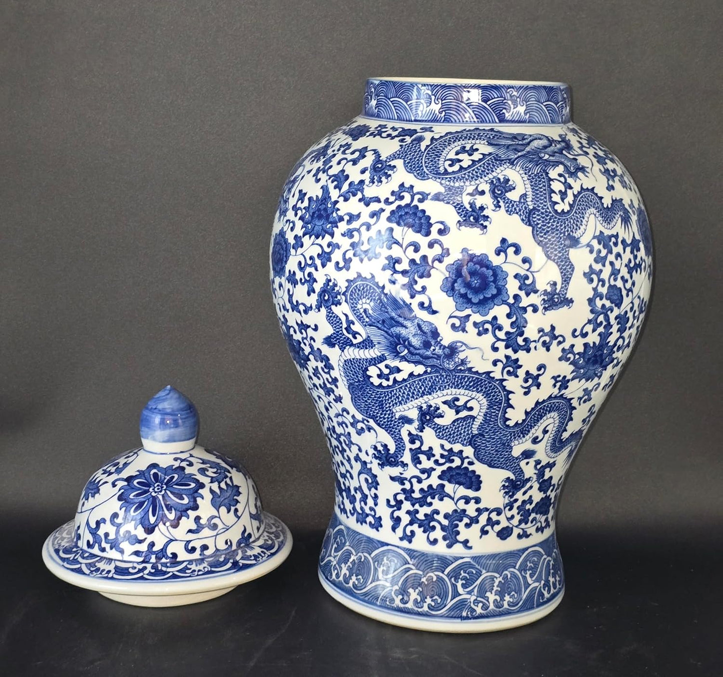 20" Classic Blue and White Floral Porcelain Ceramic Temple Ginger Jar Vase, Large China Qing Style (Dragon1)