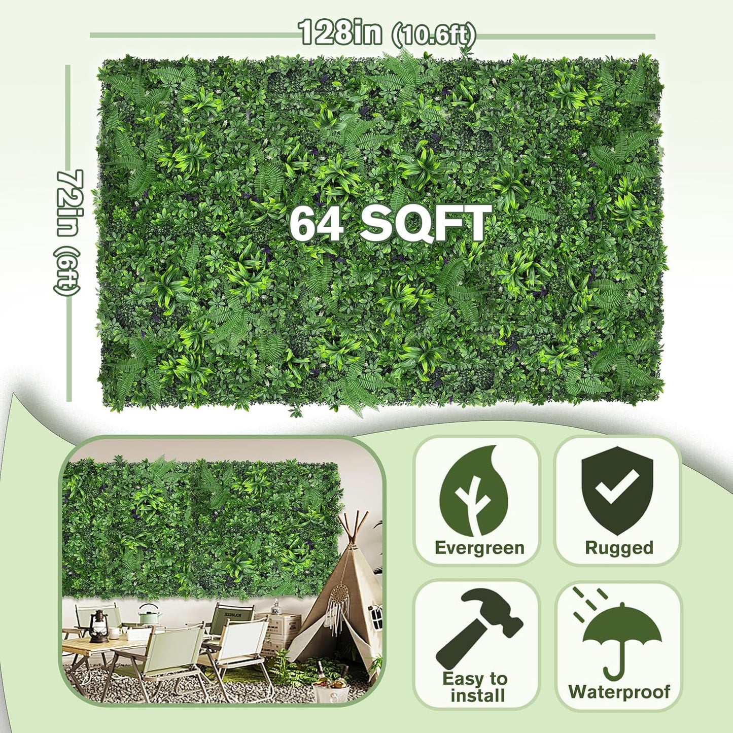 Artificial Green Boxwood Grass Wall Roll: 72"x128"(64 SQFT) UV Protected Ivy Privacy Hedge Fence Screen for Chain Link Fences Panel Indoor,Outdoor Patio Balcony & Garden