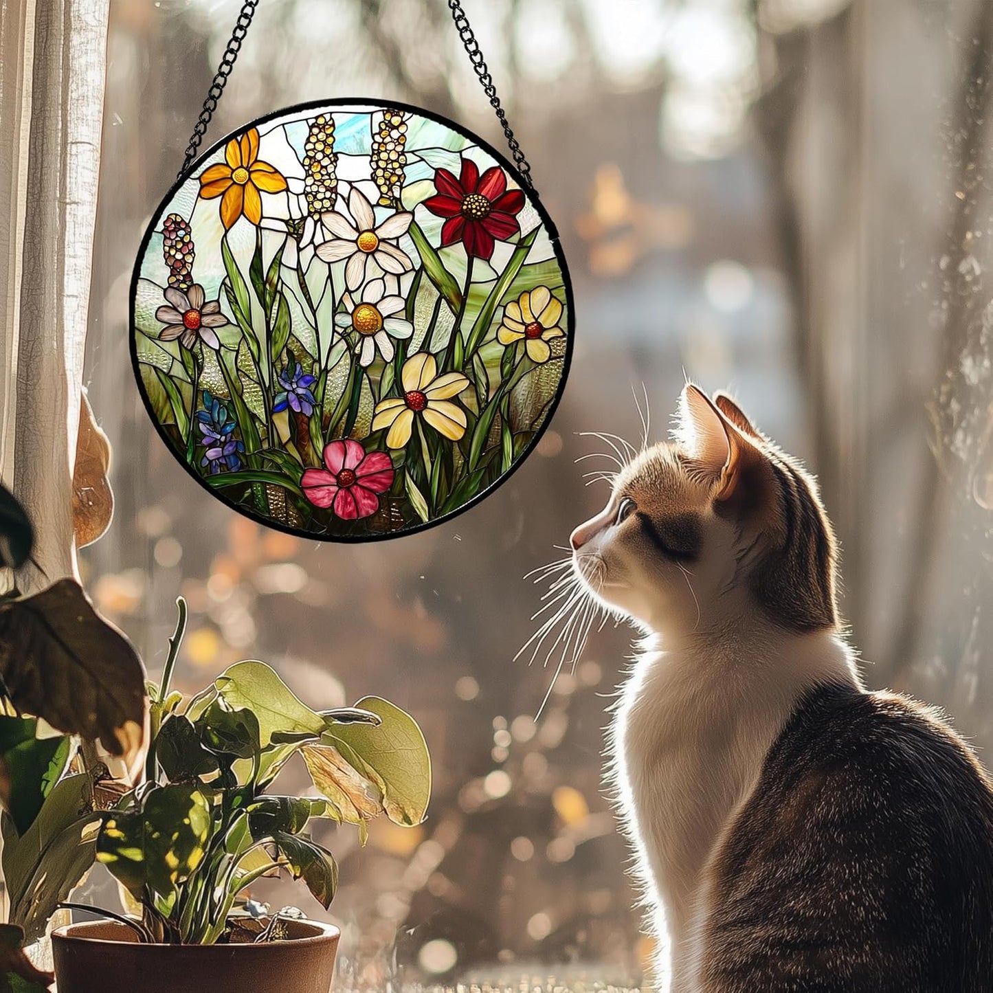 Stained Glass Window Hanging, Colorful Wildflowers Plant Scenery Suncatcher for Doors Window Home White Green Sun Catchers Decor Mother's Day Birthday Gifts for Women, Men Mom 15 in