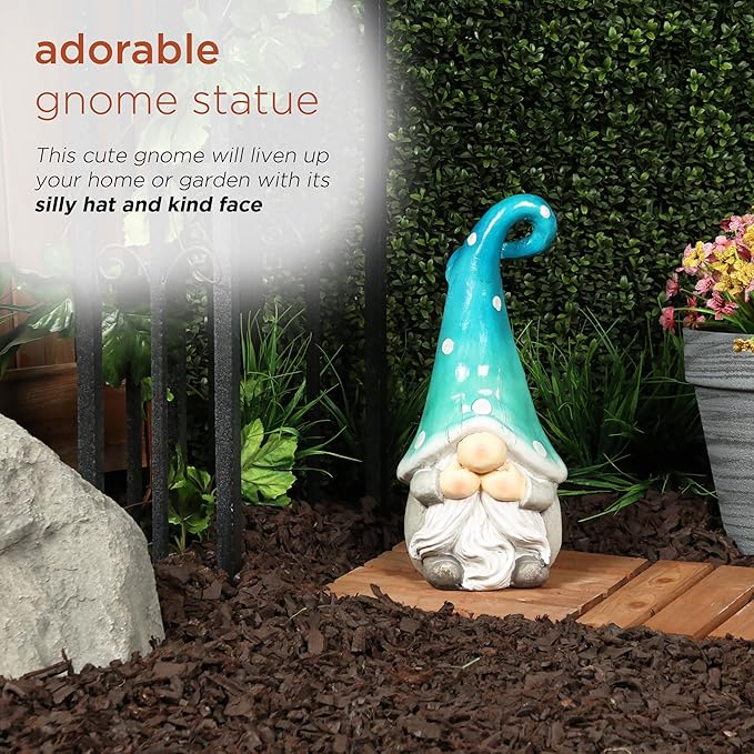 Alpine Corporation 17” Tall Outdoor Garden Gnome Yard Decoration - Speak No Evil Statue - Gnome with Turqoise Polka Dot Hat – Durable, Weatherproof Décor for Patio & Deck