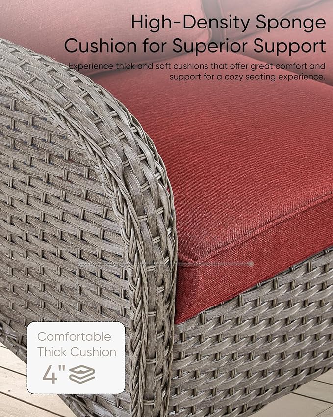 HUMMUH 2-Person Outdoor Glider Bench-All-Weather Wicker Patio Double Swing Rocking Chair Patio Loveseat for Deck Lawn Porch Balcony Poolside-Grey/Red