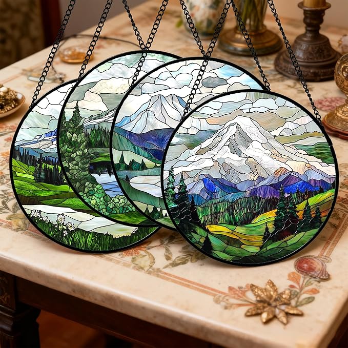Stained Glass Window Hanging 4 Pcs Set Mountains Lake Green White Landscape 9.8" - Suncatcher Door Garden Sun Catcher Decor Birthday Christmas for Mom Woman Nana Men