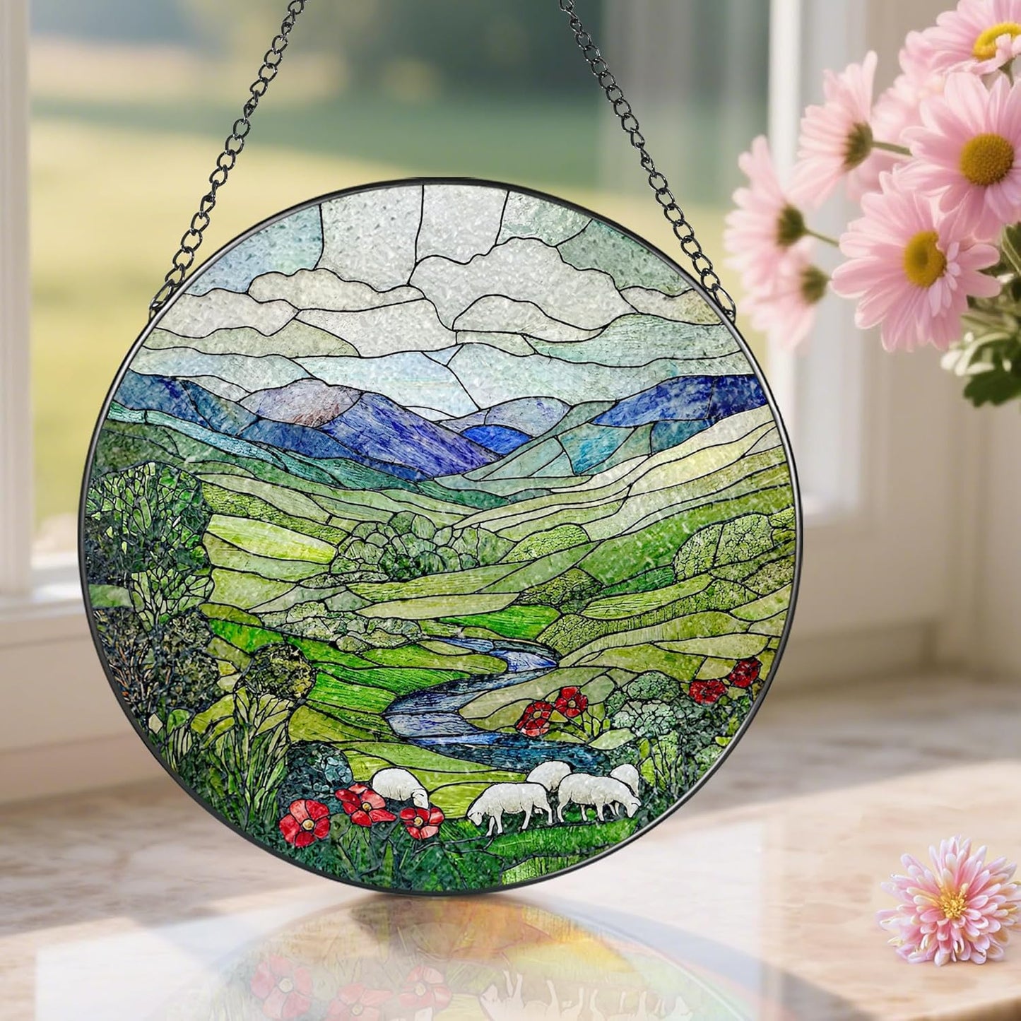 Stained Glass Window Hanging, Pauyadu 8 Inch Green Irish Hills Stained Glass Suncatcher, Window Decorations for Home, Christmas, Mother's Day, Birthday, Gifts for Women, Perfect for Nature Lovers