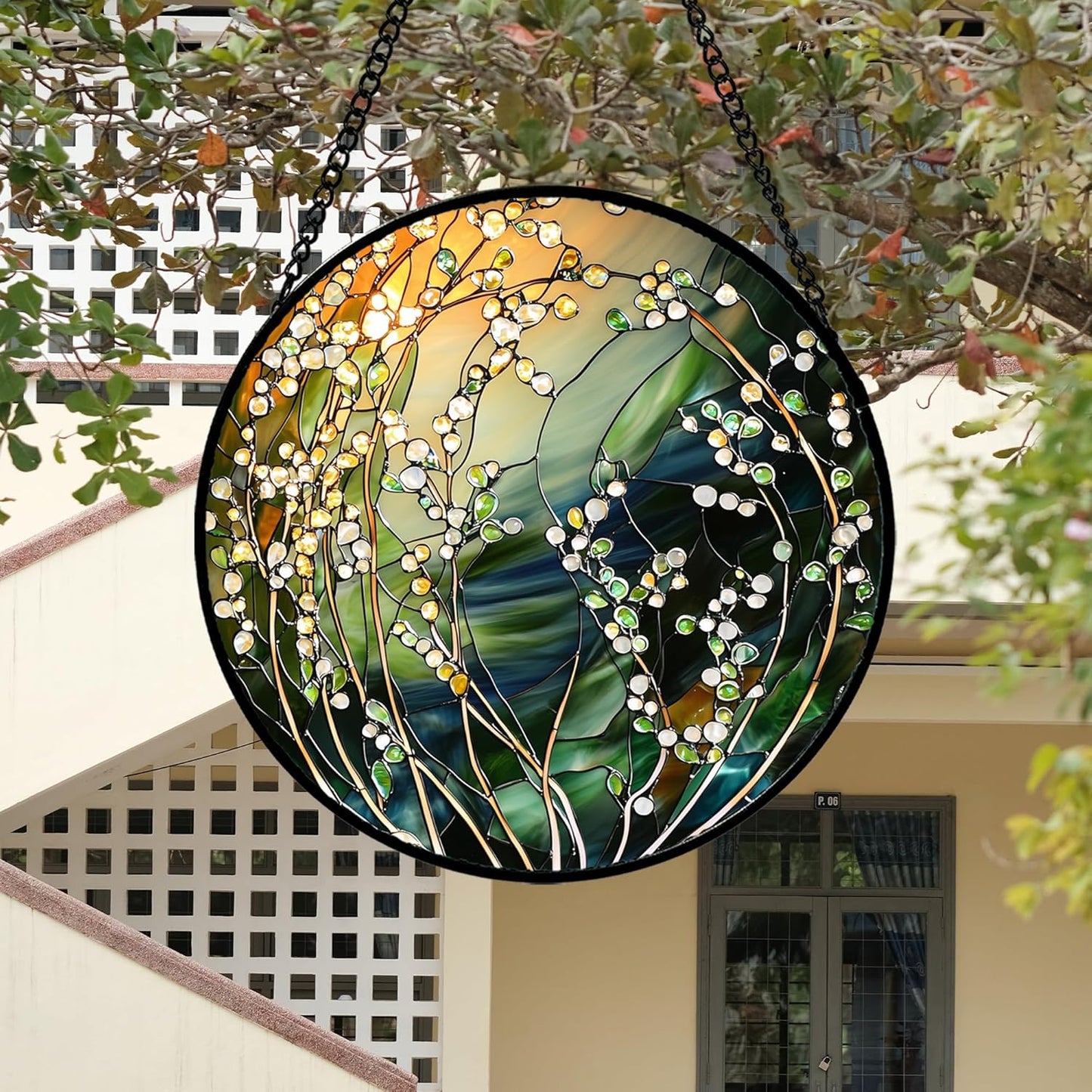 Stained Glass Suncatcher, Yellow Green Gradient Flower Sun Catcher Plants Stain Glass Window Hanging Decoration Mother's Day Birthday Gifts for Women Men Mom and Nana 6.3 in