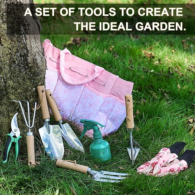 Gardening Tools of 9 Pieces | Stainless Steel Heavy-Duty Gardening Hand Tools with a Delicate and Durable Storage Bag and Anti-Slip Rubber Gloves | Pink