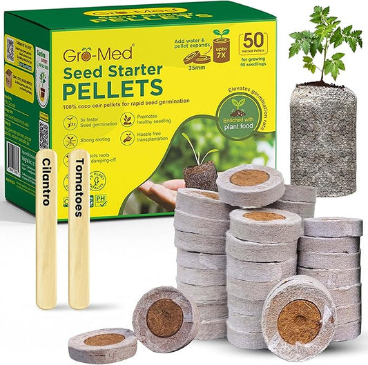 Gro-Med Organic Coco Coir Seed Starter Pellets NPK Enriched 50 Pcs, 35mm Perfect to Grow Herbs, Vegetables, Flowers,Fruits Seedlings, Compressed Coconut Coir Soil Plugs - Easy to Transplant in Pot