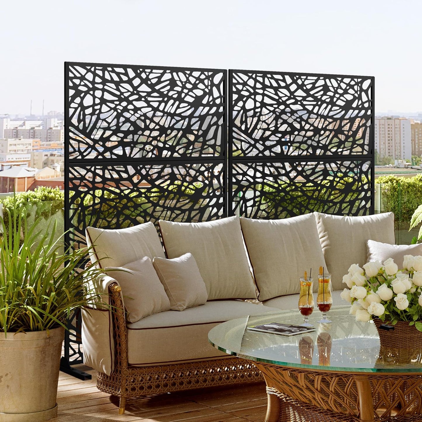 Metal Privacy Screen Outdoor 72" H×47" W,Freestanding Decorative Privacy Screen for Balcony Yard&Garden,Privacy Fence-Black&Net