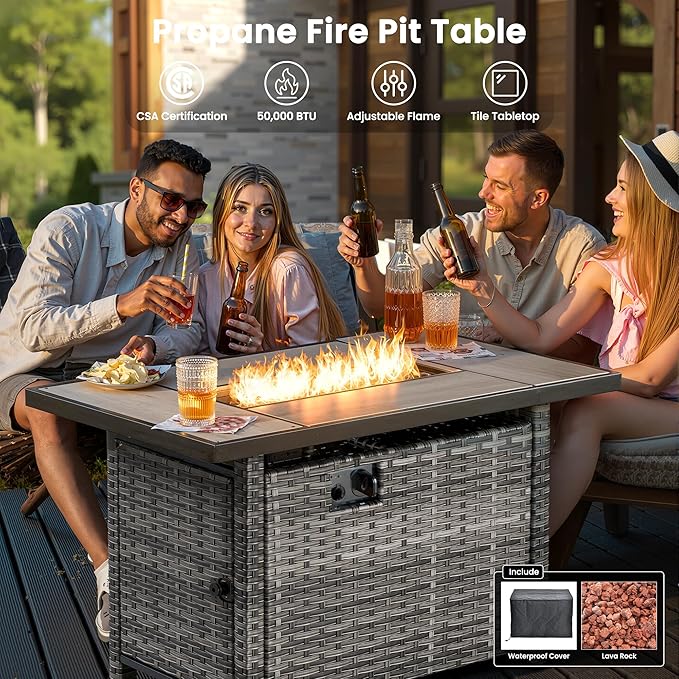 ovios 6 Pieces Patio Furniture Set with 42" Fire Pit Table, Outdoor Wicker Sofa with Comfy Cushions, All Weather High Back Rattan Couch Conversation Set, Black