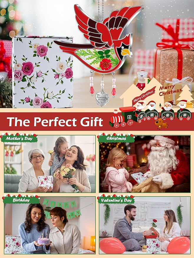 KY&BOSAM Cardinal Suncatcher Stain Glass My Precious Sister Had-Painted Sun Catcher Hanging for Window Wind Chime Gifts for Sister Mother`s Day Valentine's Birthday Christmas Thanksgiving