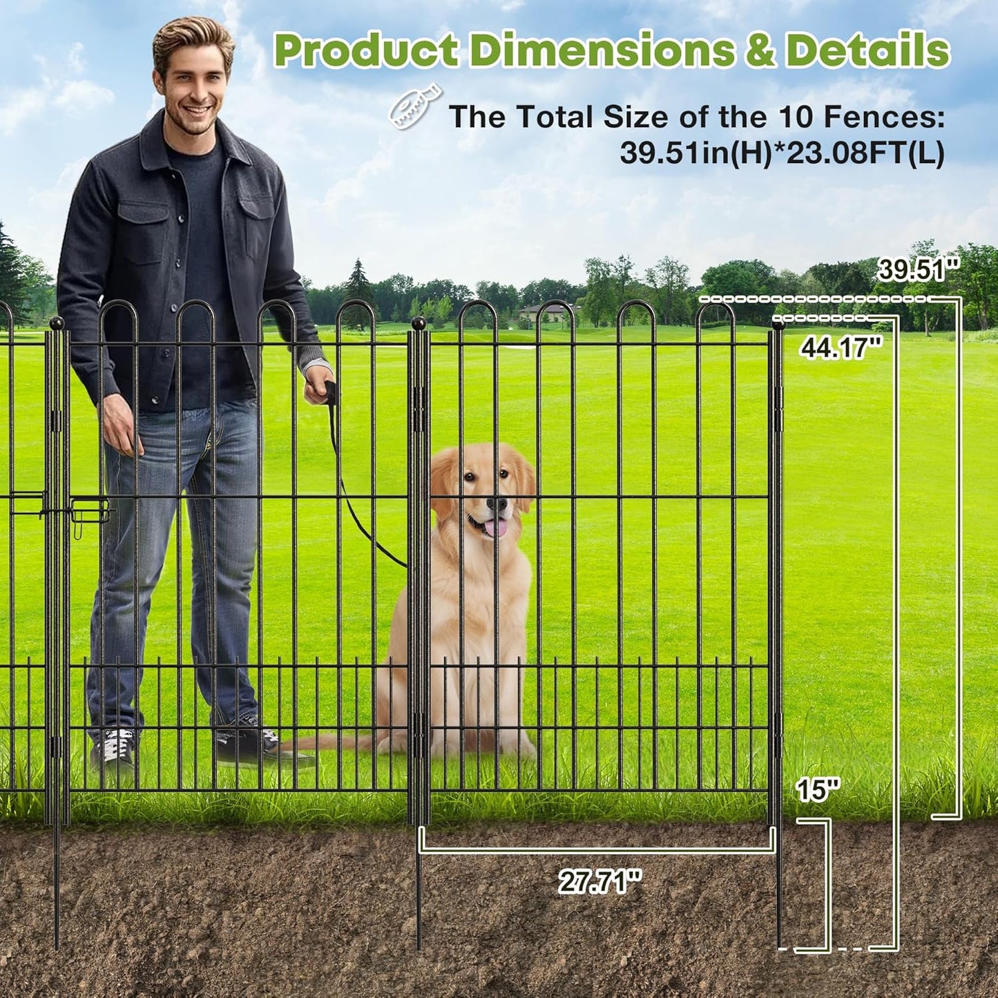 10 Panels Garden Fence with Latch Gate, 39.51in (H) X 23.08ft(L) Animal Barrier Fence with 1in Gaps for Rabits, Tall Dog Fencing Outdoor for Yard, Flower Beds, Patios, Vegetable Patches