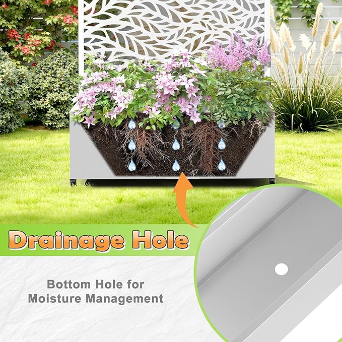 Metal Raised Garden Bed with Trellis, 2-in-1 Planter Box & Privacy Screen for Climbing Plants, Outdoor Standing Flower Bed with Drainage Holes, 35.4" L x 15.7" W x 70.1" H, White-Spring