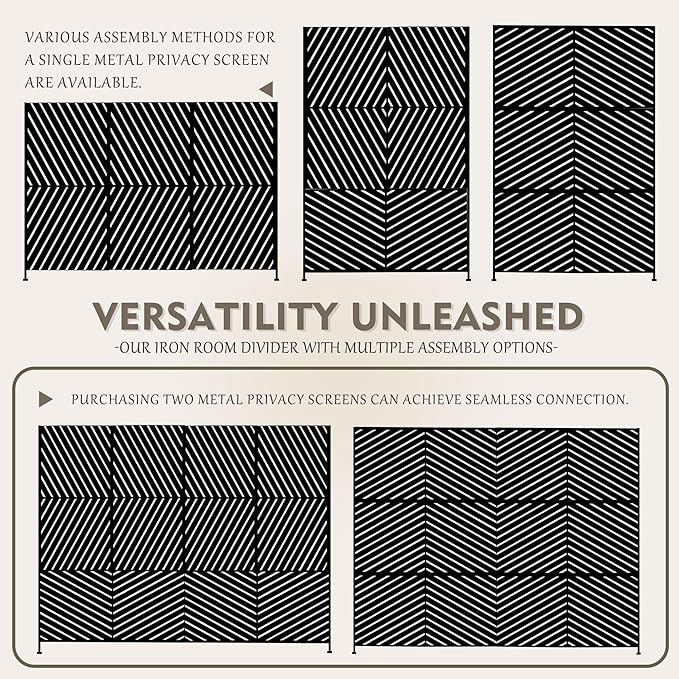 Kozyard Metal Privacy Screen 74" H x 47.2" W Decorative Outdoor Divider with Stand Panels Freestanding Screen Set for Deck Patio Balcony Garden Outdoor&Indoor(Black/Chevron)