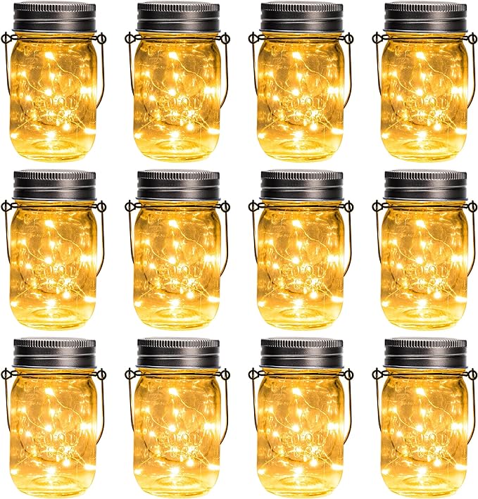 GIGALUMI Solar Mason Jar Lights, 12 Pack 30 Led String Fairy Lights Garden Lights Outdoor Waterproof Hanging Solar Lanterns for Outdoor, Garden, Patio, Lawn, Balcony Decoration