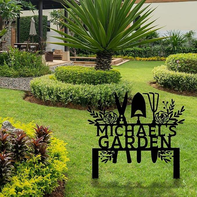Custom Metal Garden Tools Sign with Stakes, Personalized Garden Name Sign, Yard Art, Patio Decorations, New Home Gift, Garden Decorative, Gardening Tools Sign for Outdoor, Large Housewarming Gift