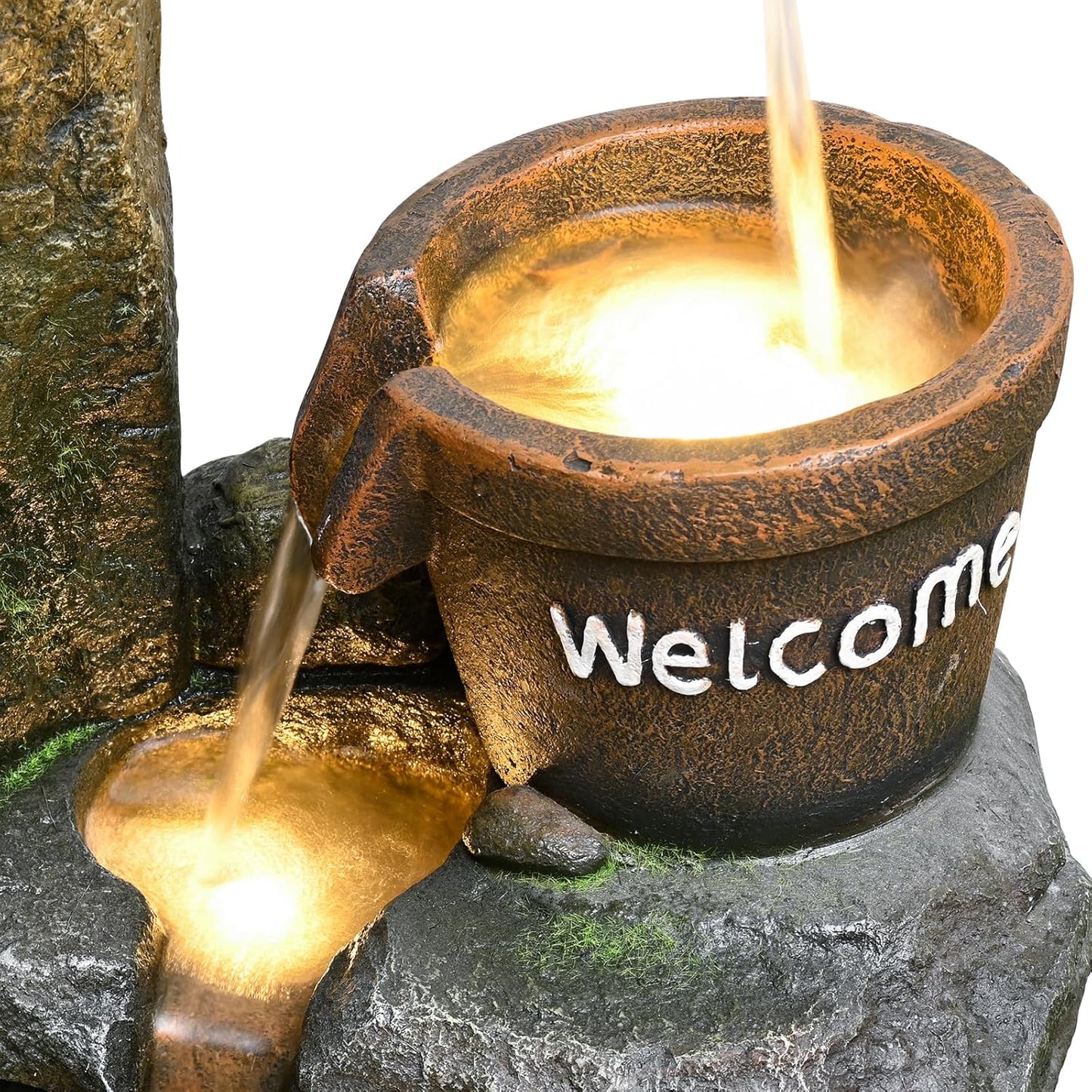 33" Outdoor Garden Water Fountain with Lights 4 Tiers Cascading Large Waterfall Floor Standing Fountain for Patio, Backyard, Deck, Porch and Home Art Decor