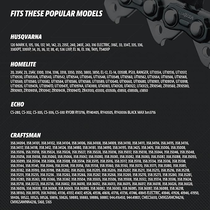 16 Inch Chainsaw Chain 3/8" LP Pitch, 050" Gauge, 56 Drive Links, German Steel, fits Husqvarna, Greenworks, Craftsman, Poulan, Homelite, Makita, Jonsered, Echo and more