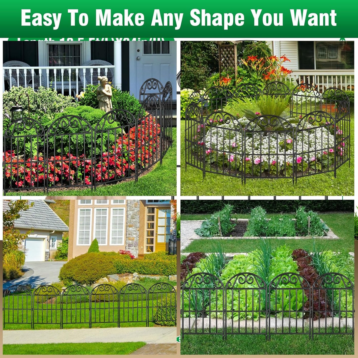 ADAVIN 20 Panels Collapsible Garden Fence Animal Barrier, 22 Ft(L) x 24 in(H) Black Rustproof Metal Wire Panel Border for Dogs Rabbits, Flower Edging for Landscape Patio Yard Outdoor Decor, Arched