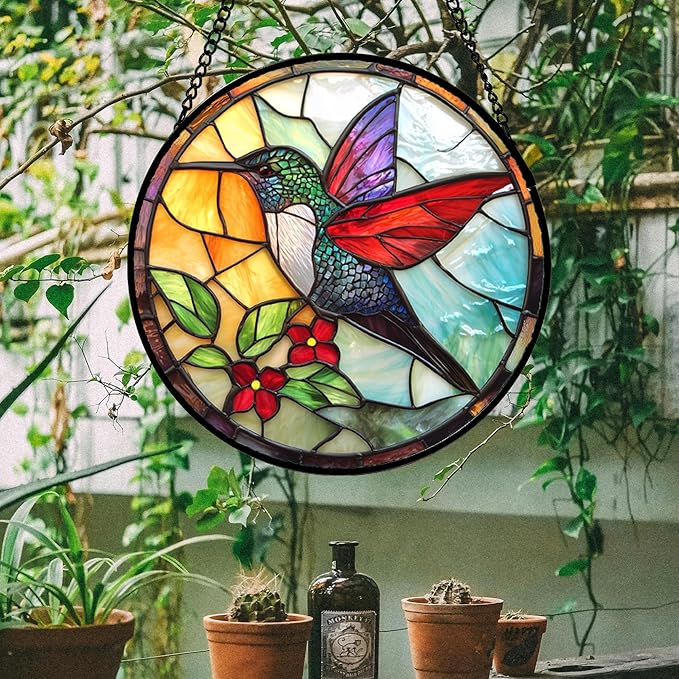 Stained Glass Window Hanging, Hummingbird Gifts Sun Catchers Diamond Glass Panel Hangings Birds Suncatcher Decor for Birthday for Women, Men, Wife, Aunt, and Mom 14.9x14.9 in