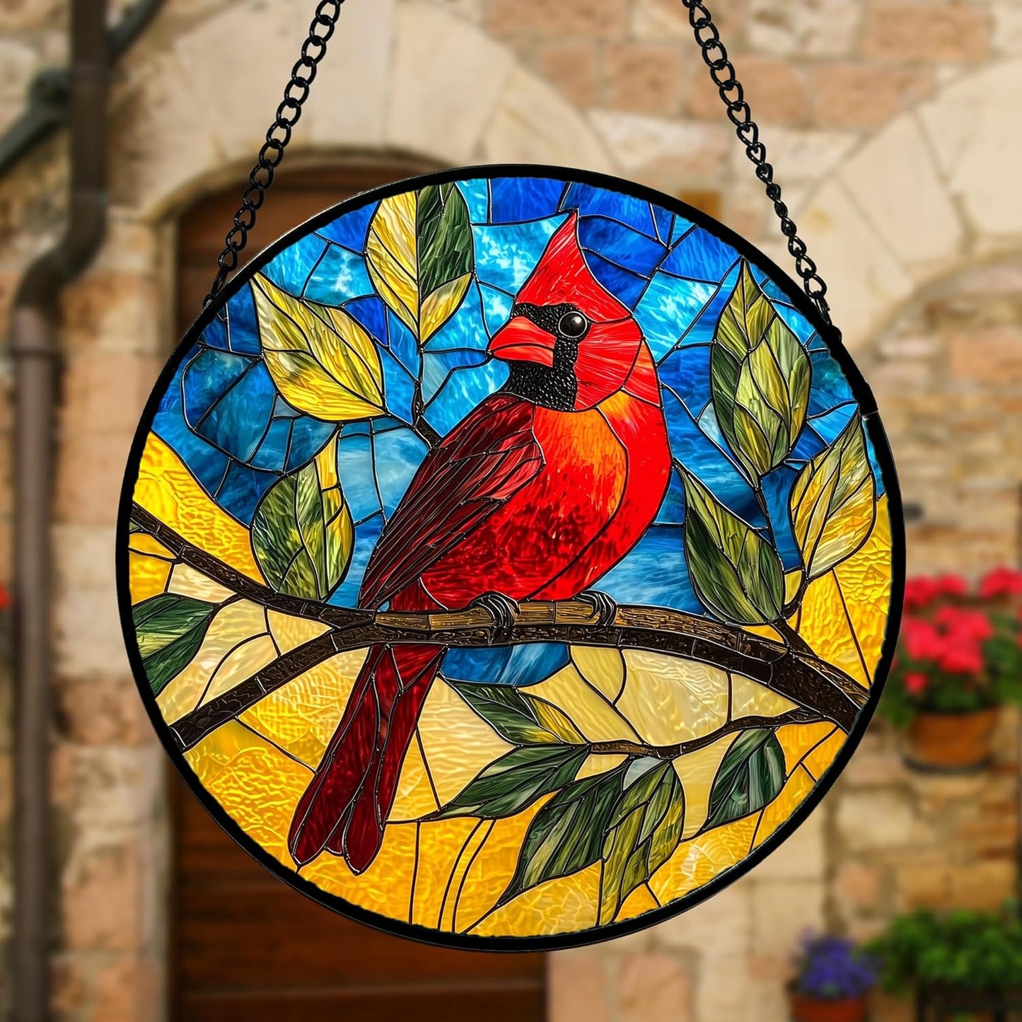 Stained Glass Window Hanging, Blue Sky Cardinal Sun Catchers Colorful Glass Panel Red Birds Suncatcher Decor for Birthday for Women, Men, Wife, Aunt, and Mom 11.8x11.8 in