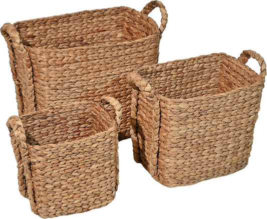 happimess BSK2001A-3SET Clara Farmhouse Classic Handwoven Hyacinth Rectangle Floor Wicker Storage Baskets with Handles, Natural (Set of 3), Seagrass Containers for Decoration in Living Room, Bedroom