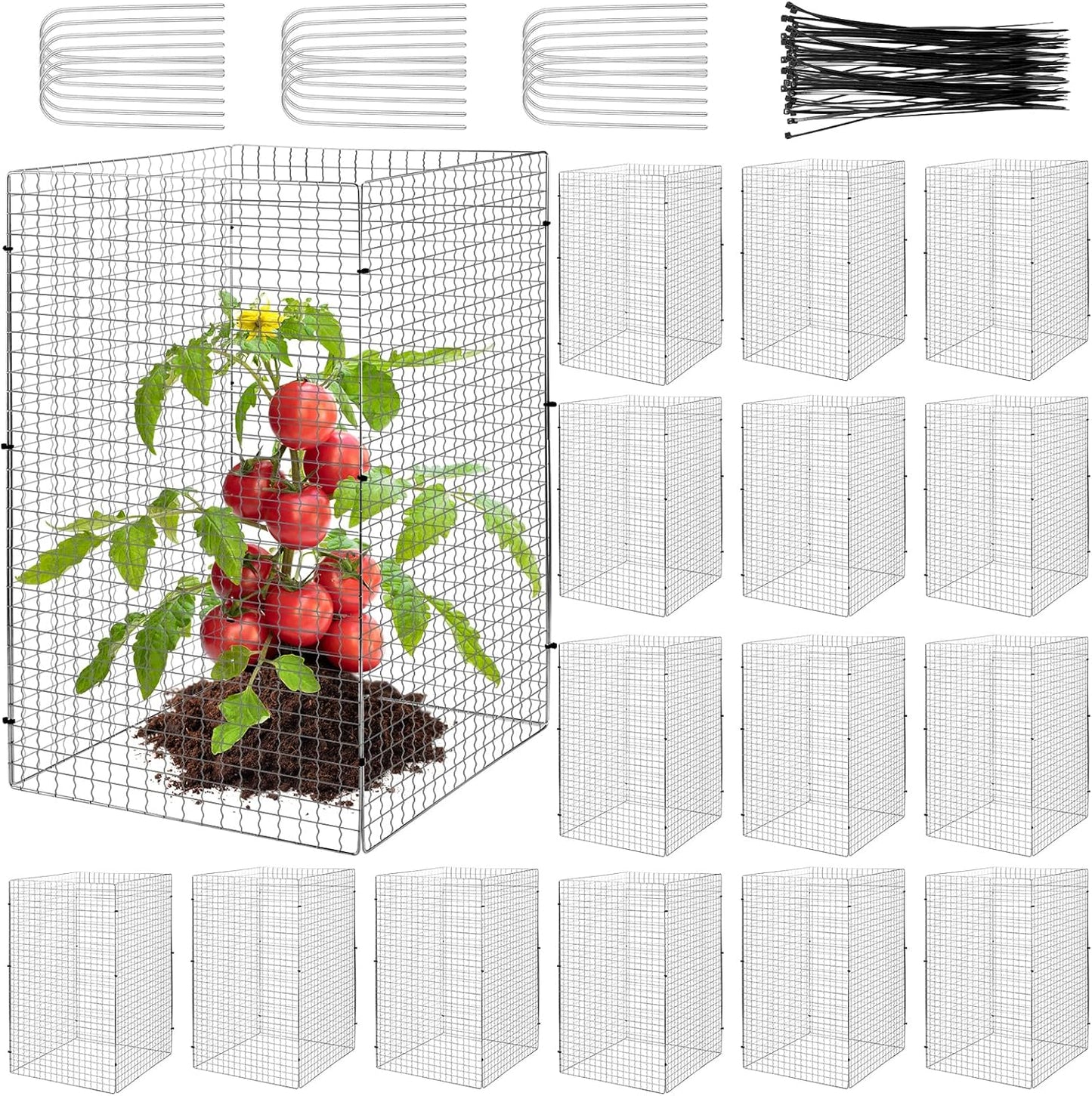 Geosar 60 Pcs/15 Packs Chicken Wire Plant Protectors 11.7 x 19.5 Inch Mesh Plant Protection Cage from Animals with U Shaped Garden Stakes and Nylon Tie for Outdoor Garden Flowers Vegetables