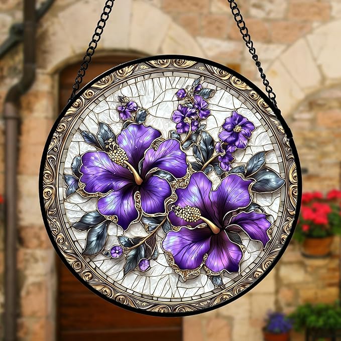 Stained Glass Window Hanging, Purple Flowers Romantic Suncatcher for Doors Home Sun Catchers Decoration and Christmas, Mother's Day Birthday Gifts for Women, Men, and Mom 9.8 in
