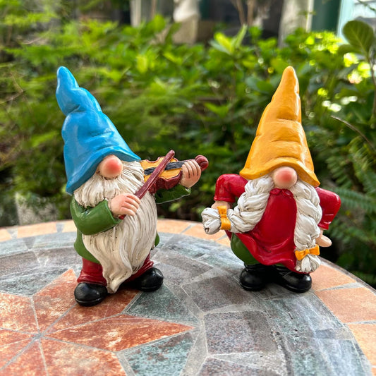 Garden Gnome Duo Decorative Figurines 5.5“ Ornament for Indoor Outdoor Home Garden Decor，Musical Violin Player and Dancing, Colorful Outdoor Statues, Set of 2