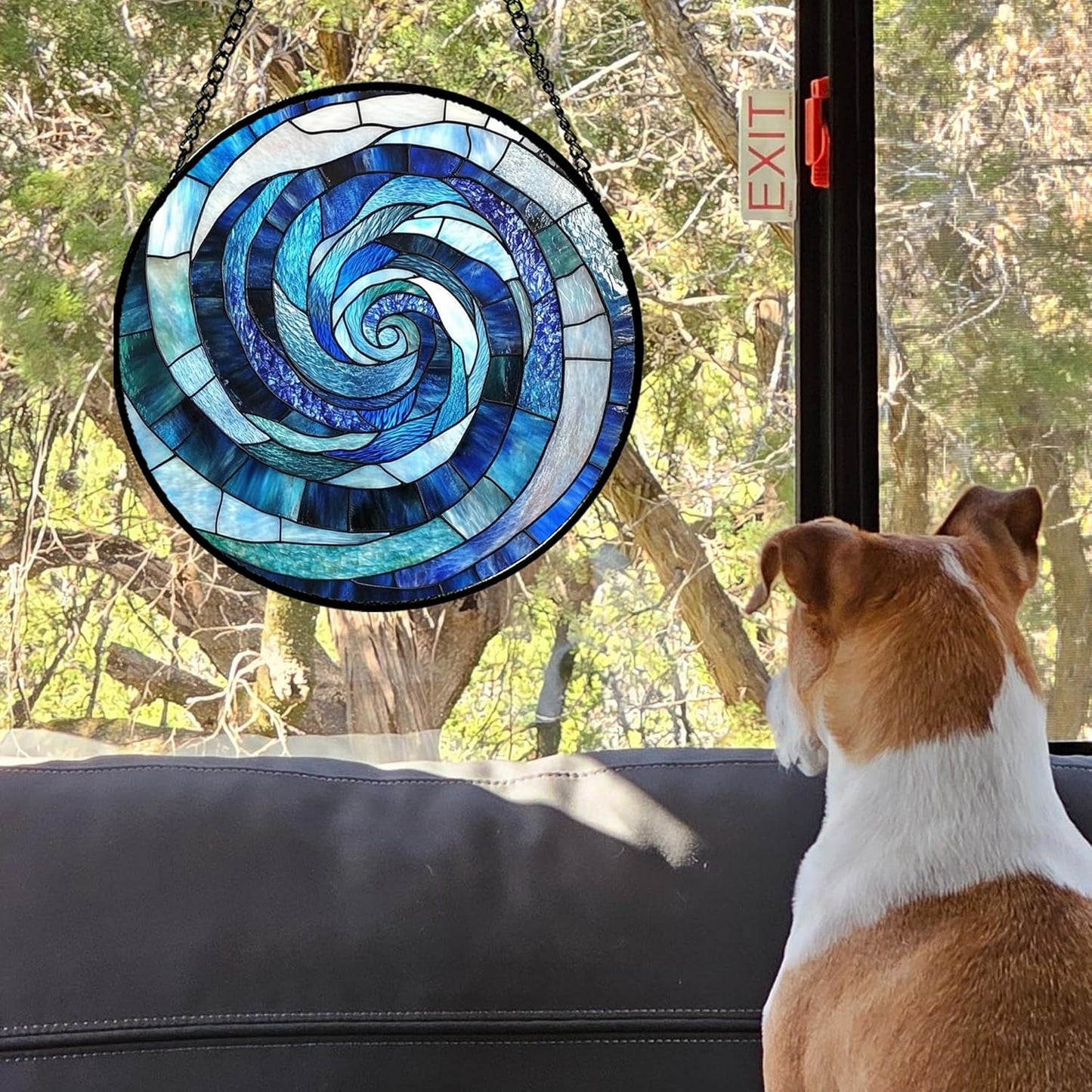 Stained Glass Window Hanging - Blue Abstract Swirl Suncatcher for Doors Garden Patio Unique Sun Catchers Decor Christmas Mother's Day Birthday Gifts for Women Men Mom Nana Friend 9.8 in