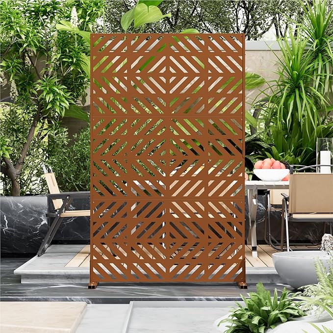Metal Privacy Screen for Outdoor Freestanding Privacy Screens, 72" H x 44" W Brown Metal Fence Panels with Stand, Patio Divider Screens for Outside Deck Balcony Garden and Indoor