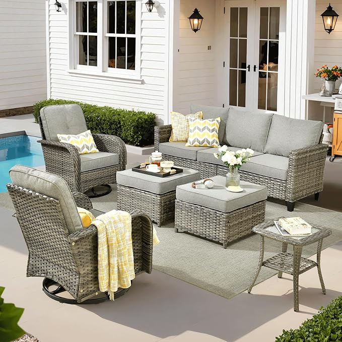 ovios 6 Pieces Patio Furniture Set, Outdoor Wicker Sofa Couch with Rocking Swivel Chairs Comfy Cushions, Modern Deep Seat Rattan Conversation Sets for Porch Deck, Dark Grey
