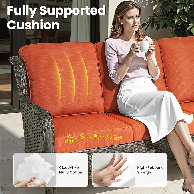 ovios 8 Pieces Patio Furniture Set, Outdoor Wicker Sofa Couch with Swivel Chairs 42" Fire Pit Table, High Back All Weather Modern Conversation Sets, Brown Rattan, Orange Red