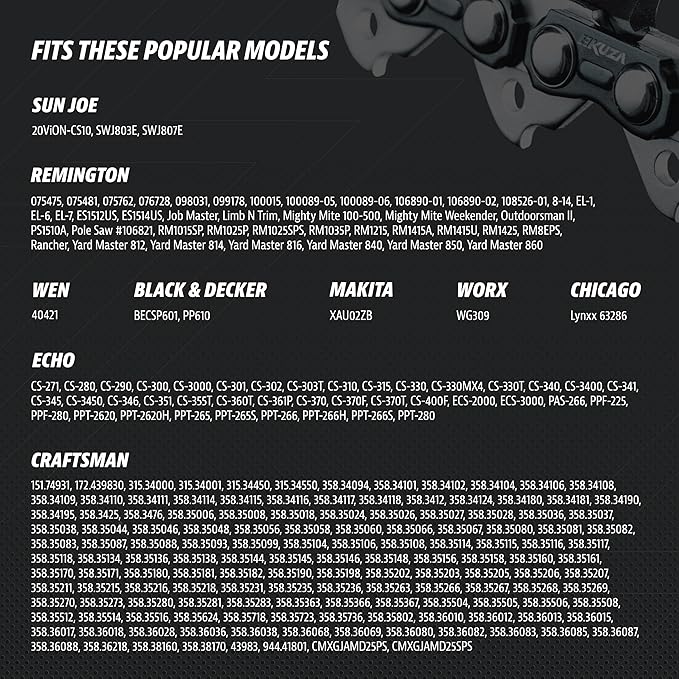 10 Inch Chainsaw Chain 3/8" LP Pitch, 050" Gauge, 40 Drive Links, German Steel, fits MAKITA, ECHO, Remington RM1035P, Worx WG309, Sun Joe SWJ803E, Craftsman - and more