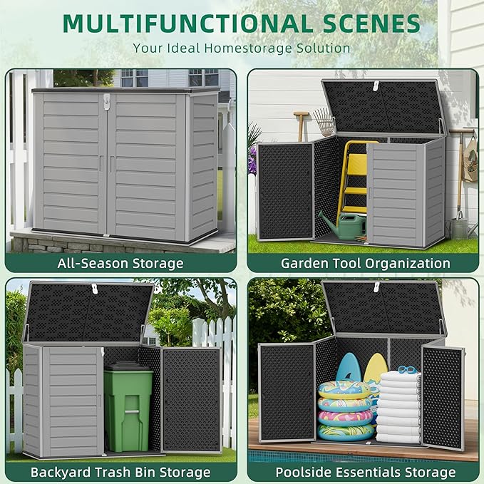 Outdoor Trash Can Storage Shed 4.6 x 4.1 FT, 304 Gallon Resin Shed with Lockable Doors & Lift Lid, Waterproof Outdoor Storage for Garden Tools, Cushions and Patio Equipment (Gary)