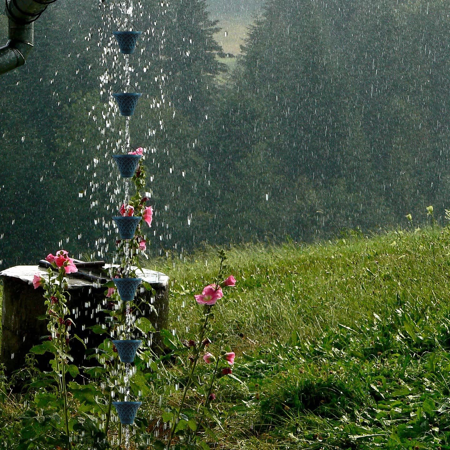 [Upgraded] 8.5FT Sky Blue Iron(Both-Sided) Rain Chains for Gutter and Rain Barrel, Rust-Resistant Plated Garden Décor Rain Chain for Downspout, W/Rain Chain Gutter Adapter, Earrings for House