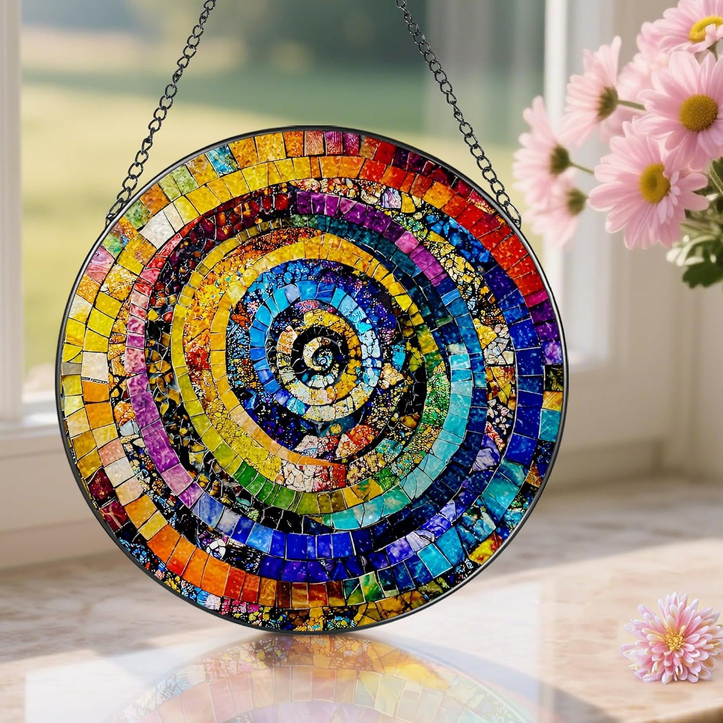 Stained Glass Window Hanging, Pauyadu 8 Inch Rainbow Spiral Stained Glass Suncatcher, Home Decor for Windows, Art Lovers Gifts, Christmas, Birthday Gift Ideas, Gifts for Best Friend, Lovers