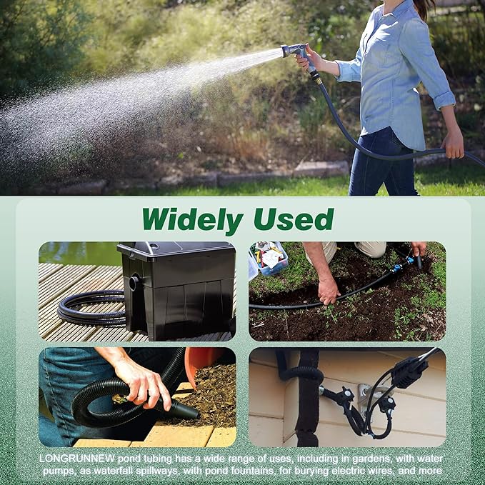 1" Dia. Corrugated Pond Tubing 1-Inch ID, 20.6 FT Length, Black PVC Kinkproof Strong Flex Tubing with Pipe Fittings, Aquarium, Pond Waterfall, Garden Pond Pump Drainage Tube