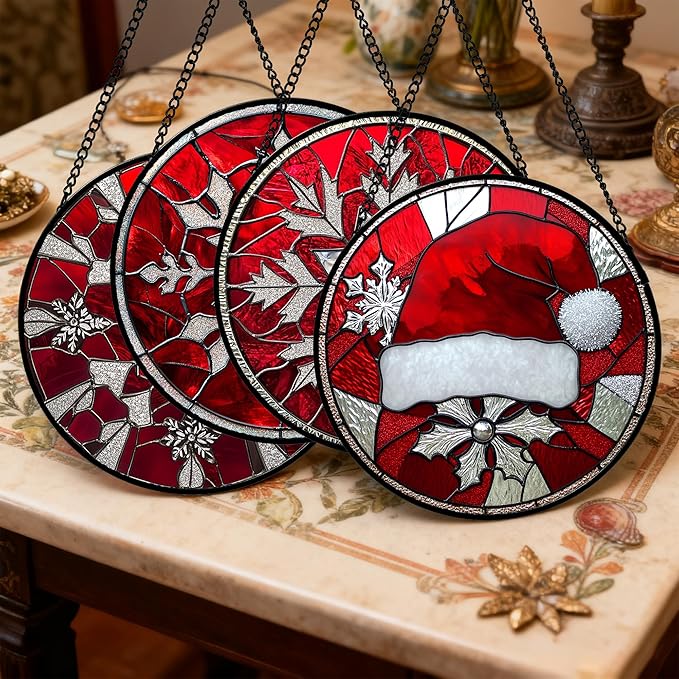 Stained Glass Window Hanging 4 Pcs Set Red Christmas Decorations Theme Large 15" - Suncatcher Door Garden Sun Catcher Decor Birthday for Mom Woman Nana Men Friend Wife