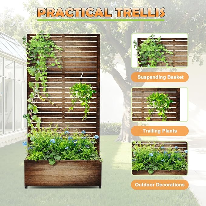 Metal Raised Garden Bed with Trellis, 2-in-1 Planter Box & Privacy Screen for Climbing Plants, Outdoor Standing Flower Bed with Drainage Holes, 35.4" L x 15.7" W x 70.1" H, Vintage Wood Grain