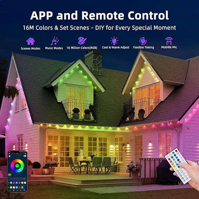 150FT Permanent Outdoor Lights, RGB LED Eaves Lights with App/Remote Control,Waterproof Smart String Lights for Christmas and All Holiday Decor,Daily and Party Lighting,House Roof and Garden Lighting