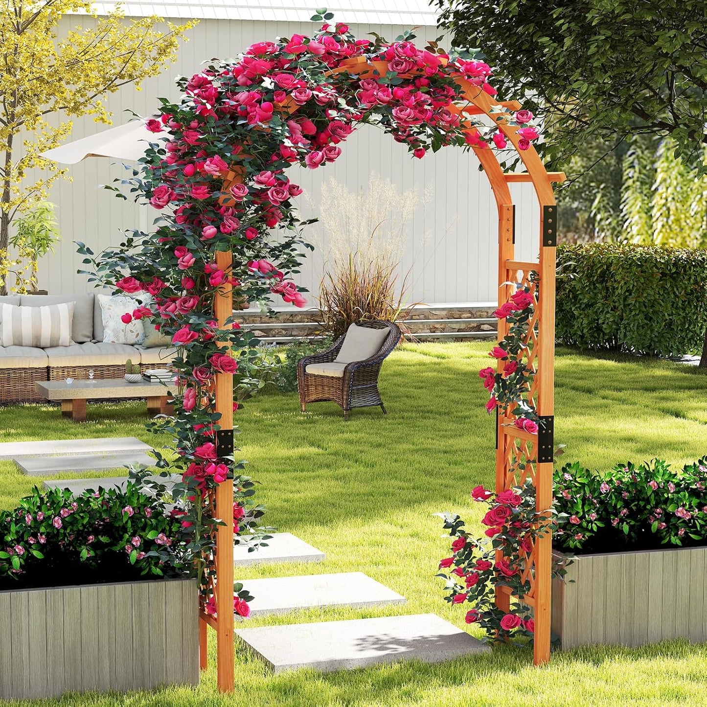 HAPPYGRILL 7.7 FT Wooden Garden Arbor, Outdoor Wood Garden Trellis for Climbing Plants, Wedding Arch Pergola for Ceremonies Parties, Solid Wood Backdrop Stand, Greenhouse Patio Lawn Decoration