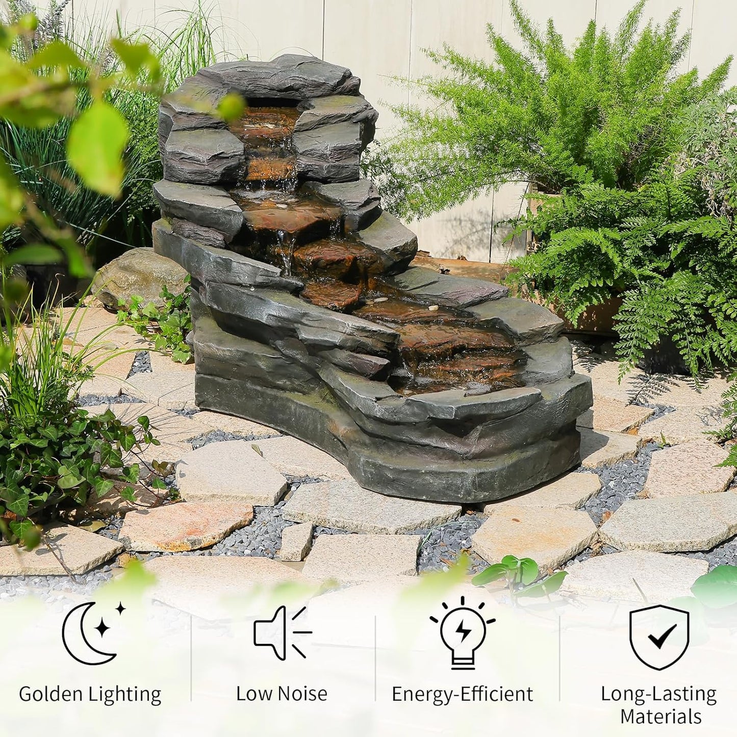 49" L Water Fountain Outdoor 5-Tiers Rock Natural Waterfall Fountains Floor Standing Water Features with LED Lights for Garden, Patio, Porch, Home Art Decor