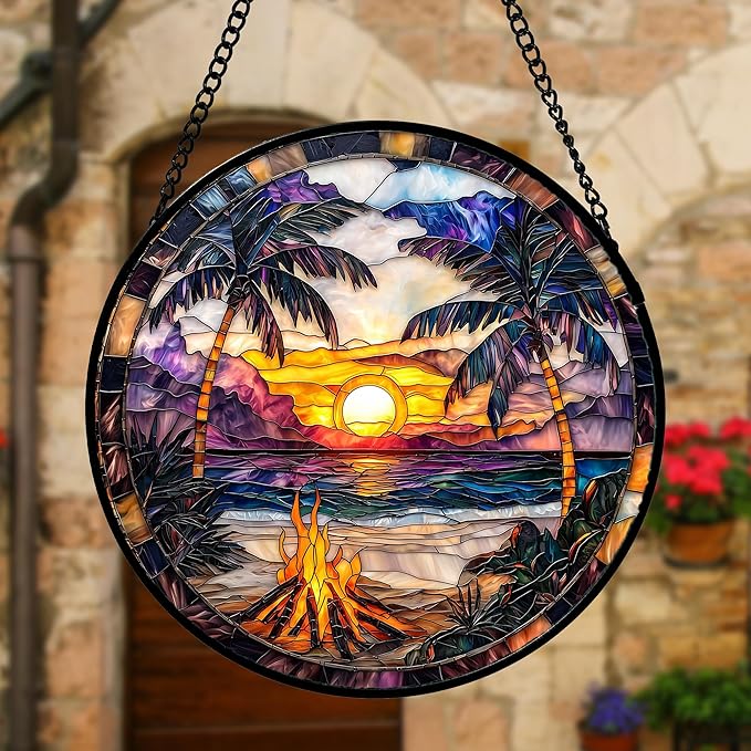 Stained Glass Window Hanging,Bonfire Beach Landscape Suncatcher Diamond Glass Panel Sun Catchers Decor for Birthday for Women, Men, Wife, Aunt, and Mom 9.8 in