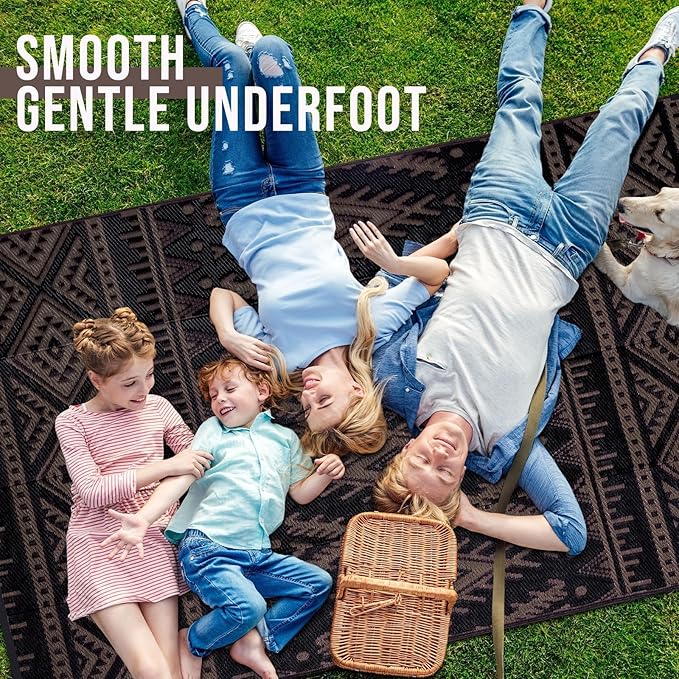 OLANLY Outdoor Rug Waterproof 9x18 ft, Reversible Outdoor Plastic Straw Rug, Boho Patio Rug, Indoor Outdoor Carpet, RV Mat Outside for Patio, Camp, Picnic, Balcony, Deck, Backyard, Black & Brown